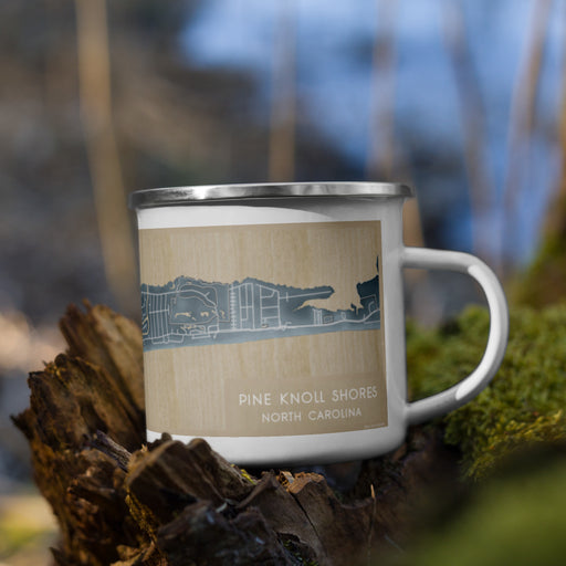 Right View Custom Pine Knoll Shores North Carolina Map Enamel Mug in Afternoon on Grass With Trees in Background