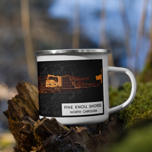 Right View Custom Pine Knoll Shores North Carolina Map Enamel Mug in Ember on Grass With Trees in Background