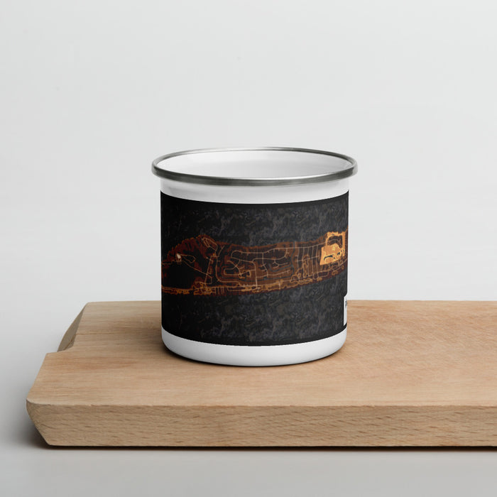 Front View Custom Pine Knoll Shores North Carolina Map Enamel Mug in Ember on Cutting Board