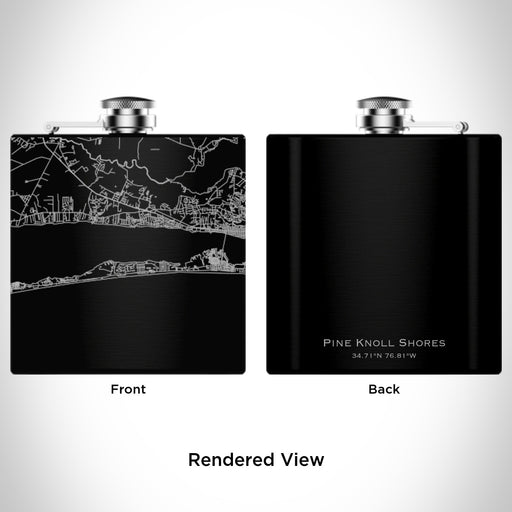 Rendered View of Pine Knoll Shores North Carolina Map Engraving on 6oz Stainless Steel Flask in Black