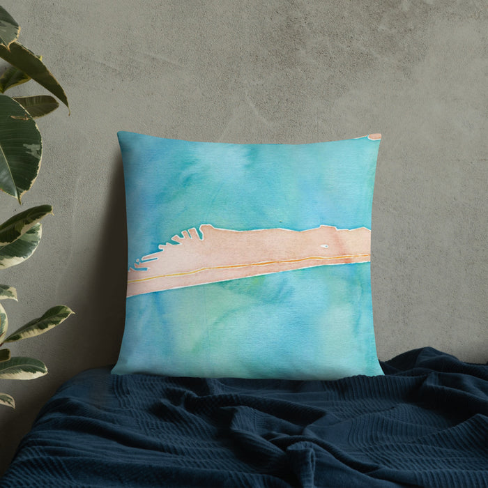 Custom Pine Knoll Shores North Carolina Map Throw Pillow in Watercolor on Bedding Against Wall