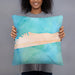 Person holding 18x18 Custom Pine Knoll Shores North Carolina Map Throw Pillow in Watercolor