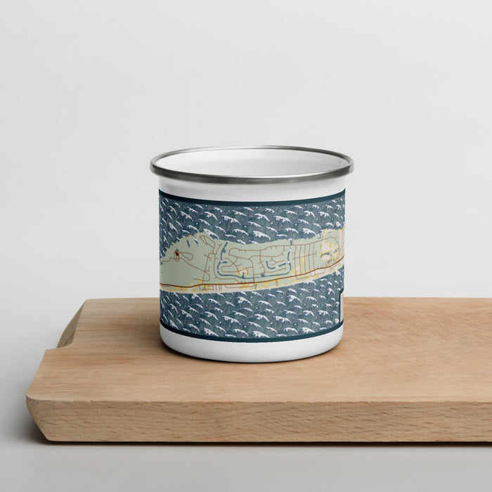 Front View Custom Pine Knoll Shores North Carolina Map Enamel Mug in Woodblock on Cutting Board