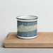 Front View Custom Pine Knoll Shores North Carolina Map Enamel Mug in Woodblock on Cutting Board