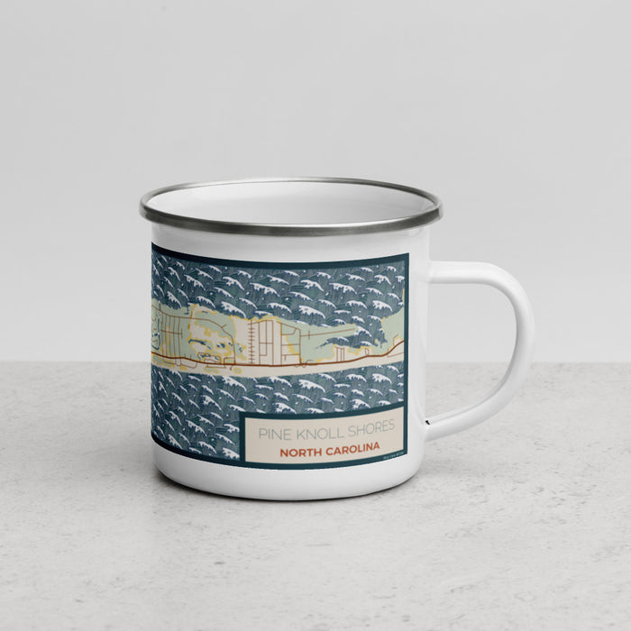 Right View Custom Pine Knoll Shores North Carolina Map Enamel Mug in Woodblock