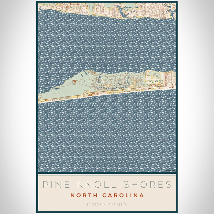 Pine Knoll Shores North Carolina Map Print Portrait Orientation in Woodblock Style With Shaded Background