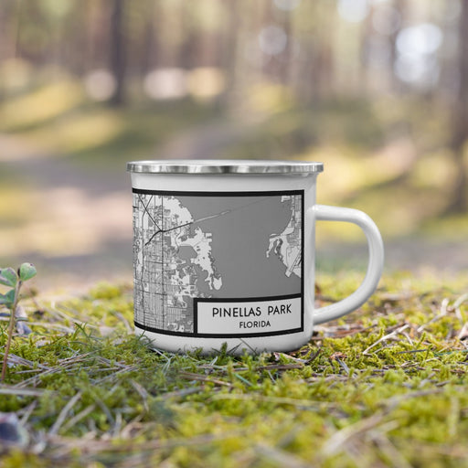 Right View Custom Pinellas Park Florida Map Enamel Mug in Classic on Grass With Trees in Background