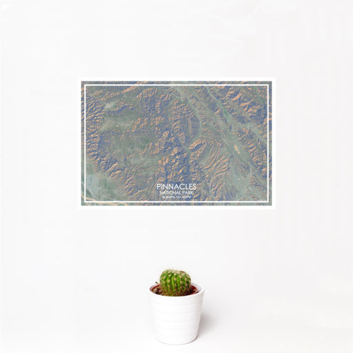 12x18 Pinnacles National Park Map Print Landscape Orientation in Afternoon Style With Small Cactus Plant in White Planter