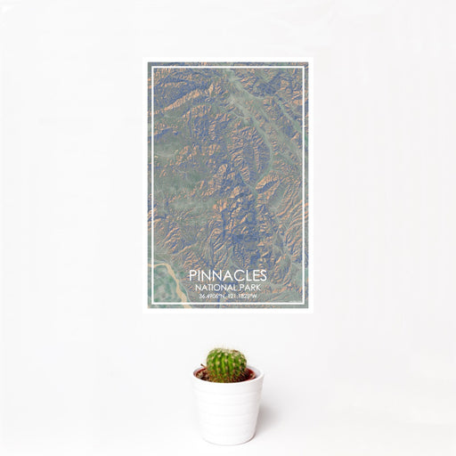 12x18 Pinnacles National Park Map Print Portrait Orientation in Afternoon Style With Small Cactus Plant in White Planter