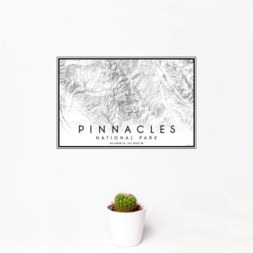 12x18 Pinnacles National Park Map Print Landscape Orientation in Classic Style With Small Cactus Plant in White Planter
