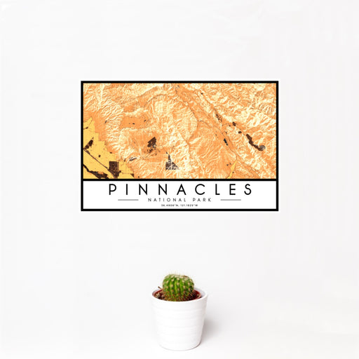 12x18 Pinnacles National Park Map Print Landscape Orientation in Ember Style With Small Cactus Plant in White Planter