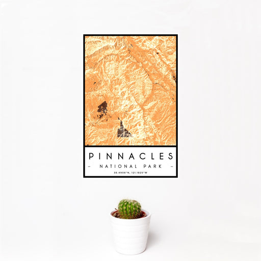 12x18 Pinnacles National Park Map Print Portrait Orientation in Ember Style With Small Cactus Plant in White Planter