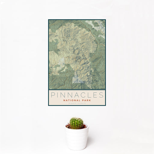 12x18 Pinnacles National Park Map Print Portrait Orientation in Woodblock Style With Small Cactus Plant in White Planter