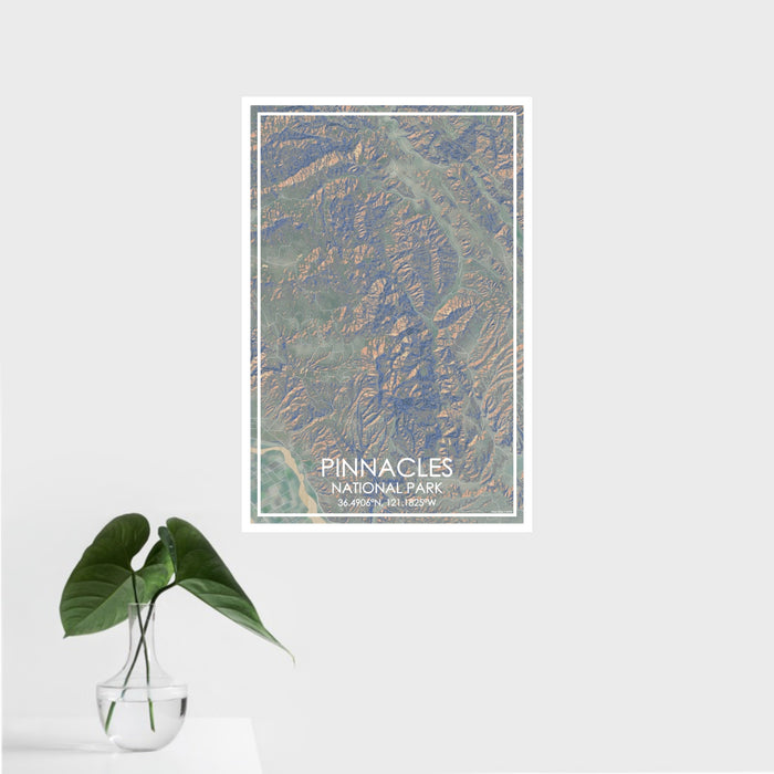 16x24 Pinnacles National Park Map Print Portrait Orientation in Afternoon Style With Tropical Plant Leaves in Water