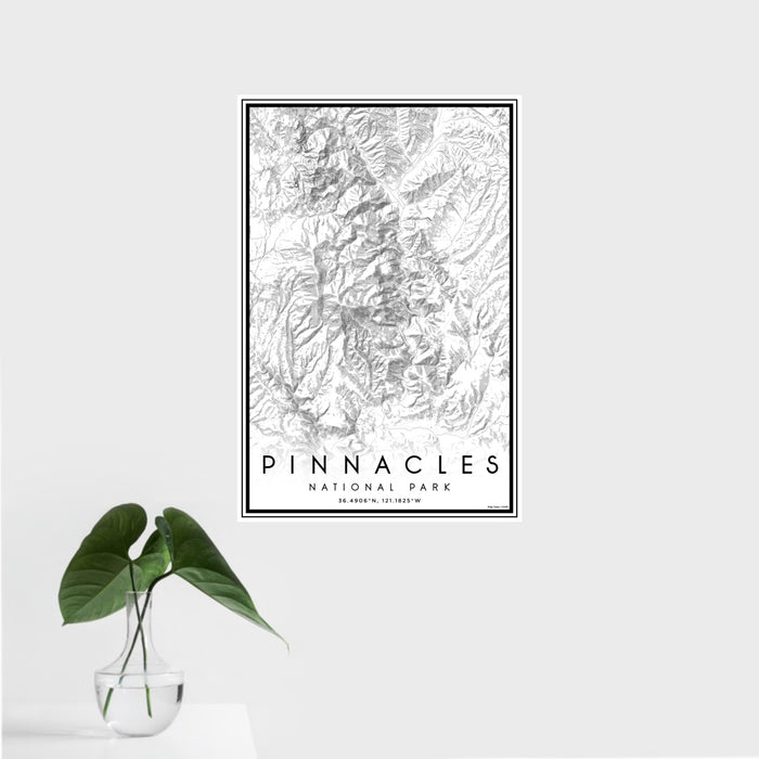 16x24 Pinnacles National Park Map Print Portrait Orientation in Classic Style With Tropical Plant Leaves in Water