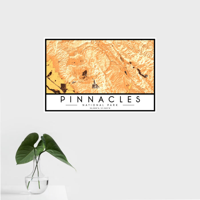 16x24 Pinnacles National Park Map Print Landscape Orientation in Ember Style With Tropical Plant Leaves in Water