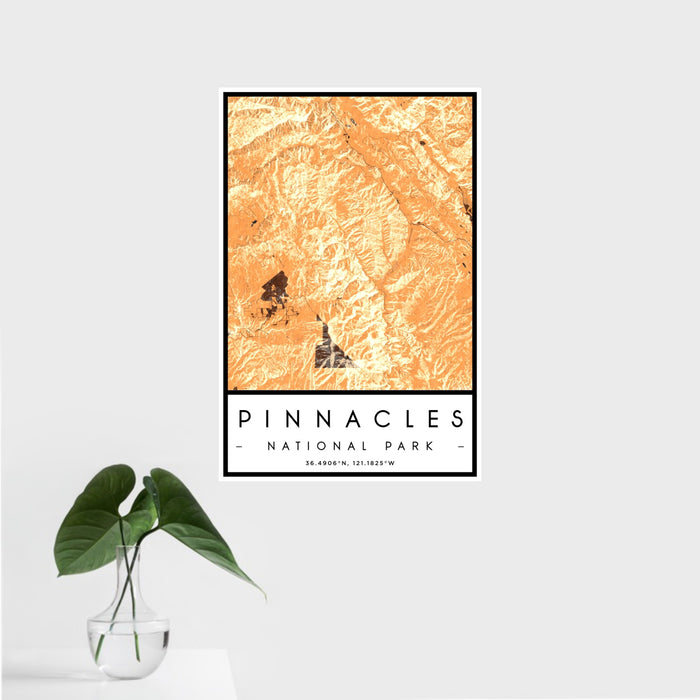 16x24 Pinnacles National Park Map Print Portrait Orientation in Ember Style With Tropical Plant Leaves in Water