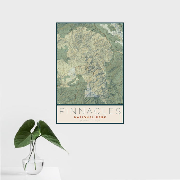 16x24 Pinnacles National Park Map Print Portrait Orientation in Woodblock Style With Tropical Plant Leaves in Water