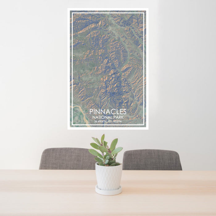 24x36 Pinnacles National Park Map Print Portrait Orientation in Afternoon Style Behind 2 Chairs Table and Potted Plant