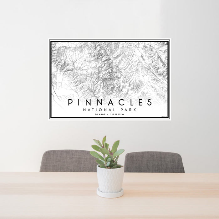 24x36 Pinnacles National Park Map Print Lanscape Orientation in Classic Style Behind 2 Chairs Table and Potted Plant