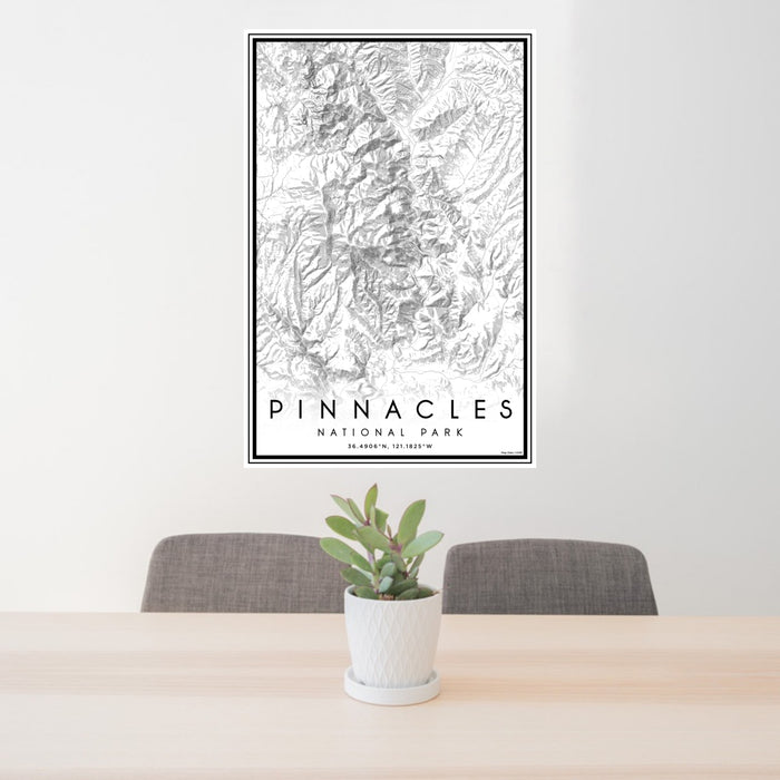 24x36 Pinnacles National Park Map Print Portrait Orientation in Classic Style Behind 2 Chairs Table and Potted Plant