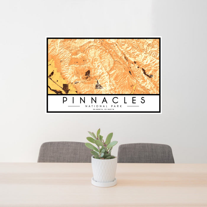 24x36 Pinnacles National Park Map Print Lanscape Orientation in Ember Style Behind 2 Chairs Table and Potted Plant
