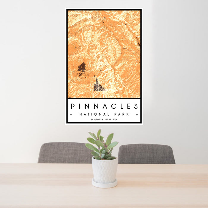 24x36 Pinnacles National Park Map Print Portrait Orientation in Ember Style Behind 2 Chairs Table and Potted Plant
