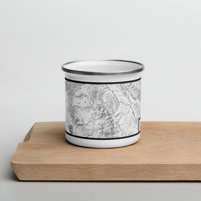 Front View Custom Pinnacles National Park Map Enamel Mug in Classic on Cutting Board