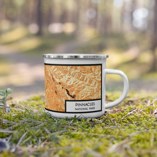 Right View Custom Pinnacles National Park Map Enamel Mug in Ember on Grass With Trees in Background
