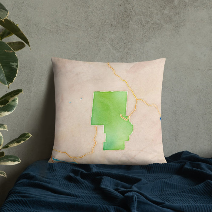Custom Pinnacles National Park Map Throw Pillow in Watercolor on Bedding Against Wall