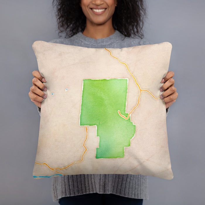 Person holding 18x18 Custom Pinnacles National Park Map Throw Pillow in Watercolor
