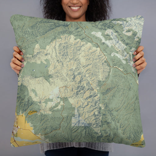 Person holding 22x22 Custom Pinnacles National Park Map Throw Pillow in Woodblock