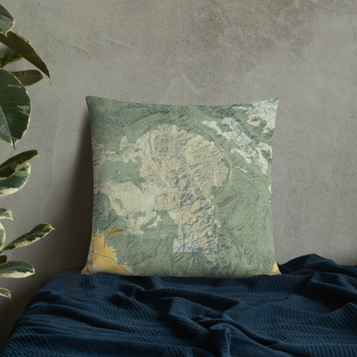 Custom Pinnacles National Park Map Throw Pillow in Woodblock on Bedding Against Wall