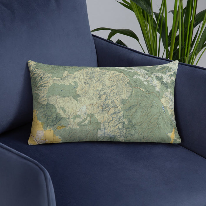 Custom Pinnacles National Park Map Throw Pillow in Woodblock on Blue Colored Chair