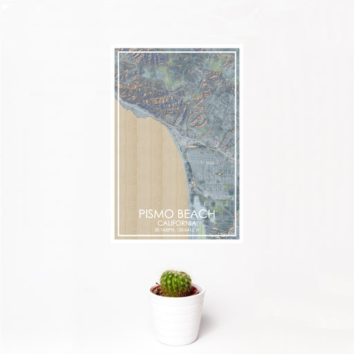 12x18 Pismo Beach California Map Print Portrait Orientation in Afternoon Style With Small Cactus Plant in White Planter