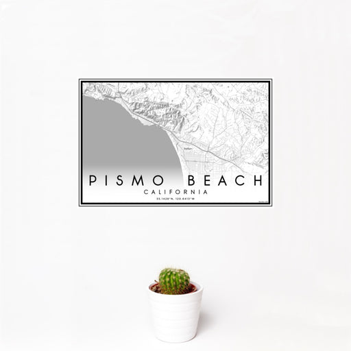 12x18 Pismo Beach California Map Print Landscape Orientation in Classic Style With Small Cactus Plant in White Planter