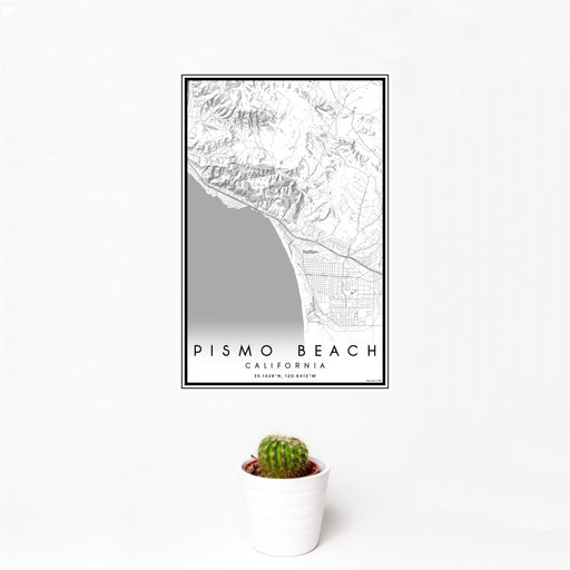 12x18 Pismo Beach California Map Print Portrait Orientation in Classic Style With Small Cactus Plant in White Planter
