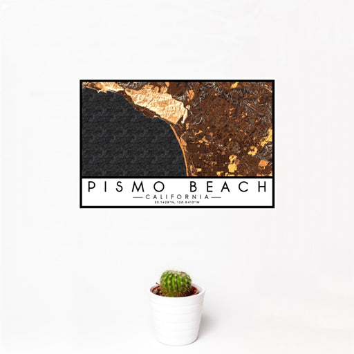 12x18 Pismo Beach California Map Print Landscape Orientation in Ember Style With Small Cactus Plant in White Planter