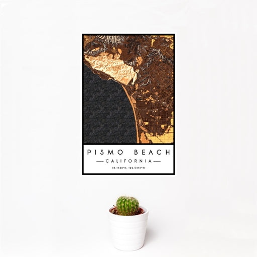 12x18 Pismo Beach California Map Print Portrait Orientation in Ember Style With Small Cactus Plant in White Planter