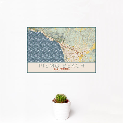 12x18 Pismo Beach California Map Print Landscape Orientation in Woodblock Style With Small Cactus Plant in White Planter