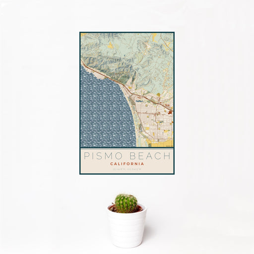 12x18 Pismo Beach California Map Print Portrait Orientation in Woodblock Style With Small Cactus Plant in White Planter