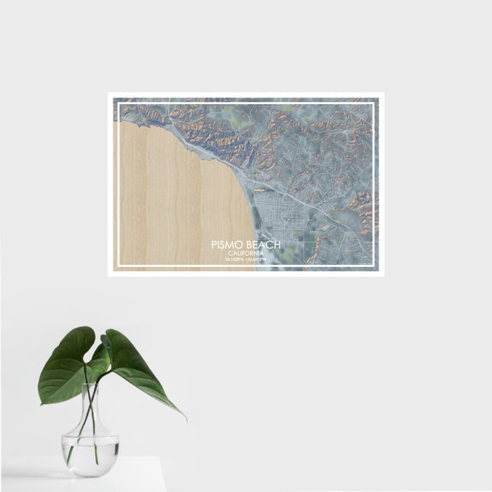 16x24 Pismo Beach California Map Print Landscape Orientation in Afternoon Style With Tropical Plant Leaves in Water