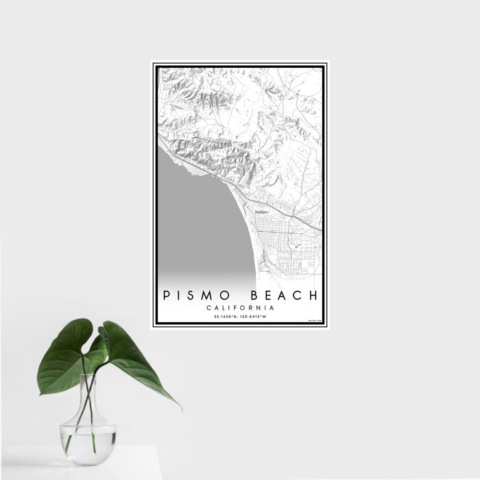 16x24 Pismo Beach California Map Print Portrait Orientation in Classic Style With Tropical Plant Leaves in Water