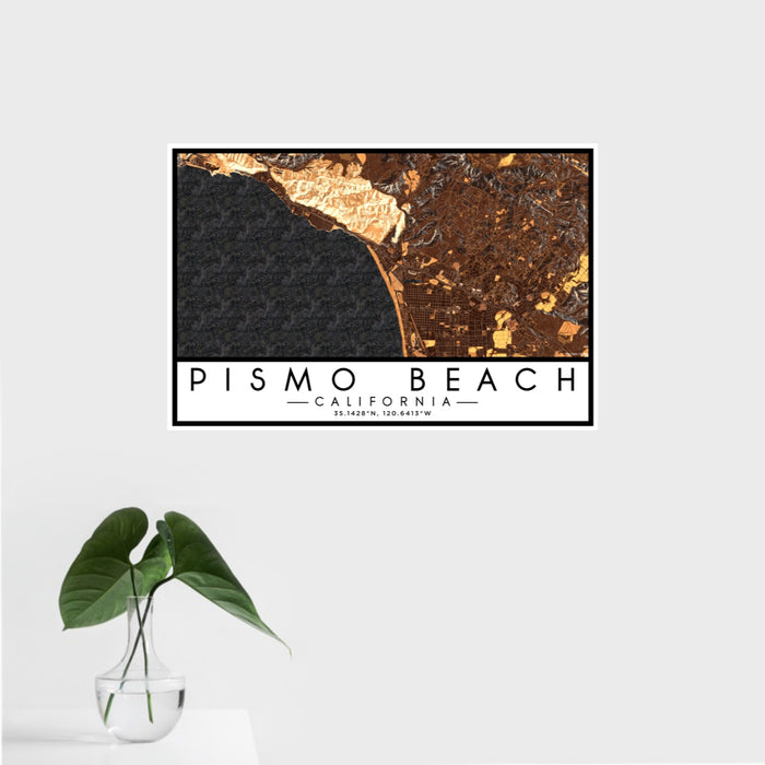 16x24 Pismo Beach California Map Print Landscape Orientation in Ember Style With Tropical Plant Leaves in Water