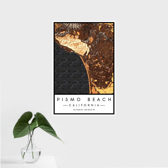 16x24 Pismo Beach California Map Print Portrait Orientation in Ember Style With Tropical Plant Leaves in Water