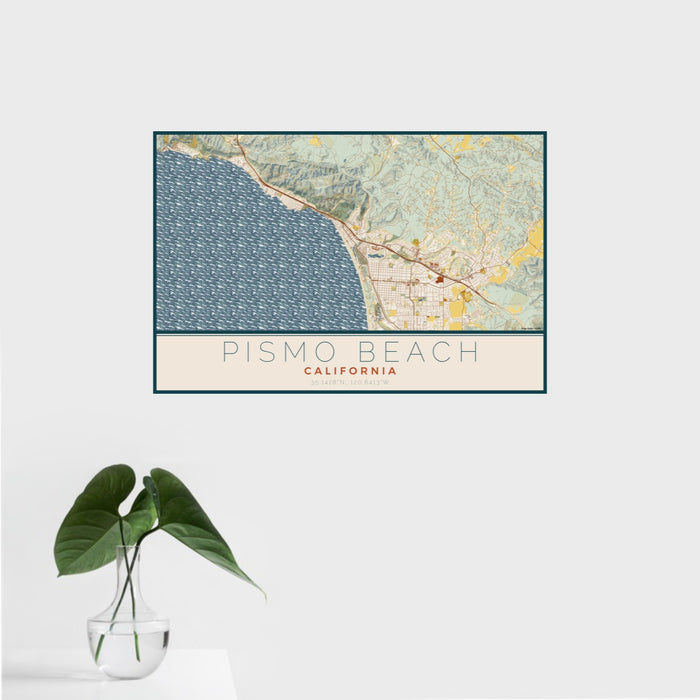 16x24 Pismo Beach California Map Print Landscape Orientation in Woodblock Style With Tropical Plant Leaves in Water