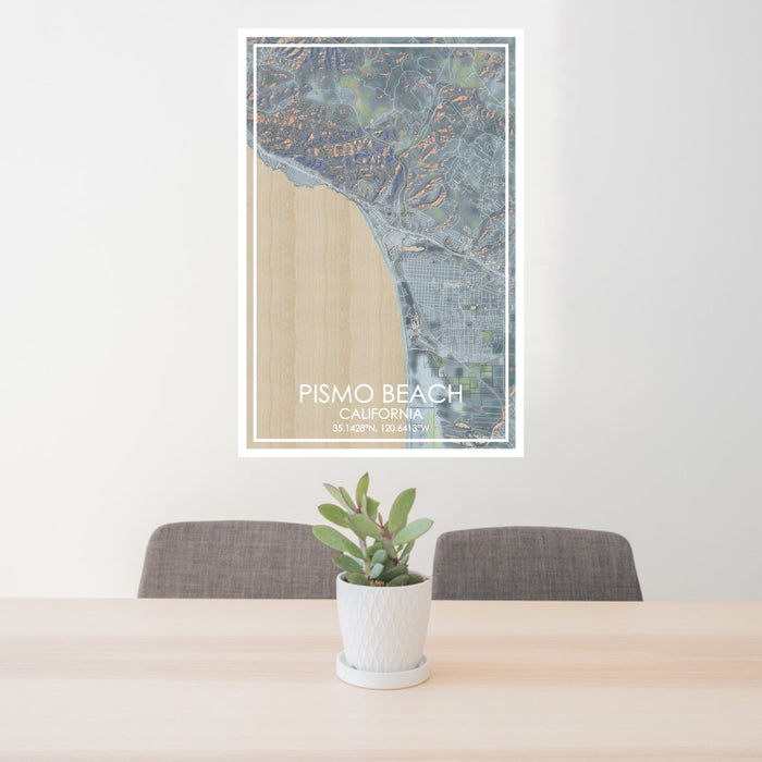 24x36 Pismo Beach California Map Print Portrait Orientation in Afternoon Style Behind 2 Chairs Table and Potted Plant