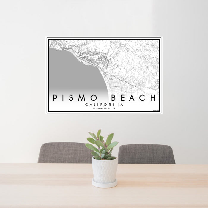 24x36 Pismo Beach California Map Print Lanscape Orientation in Classic Style Behind 2 Chairs Table and Potted Plant