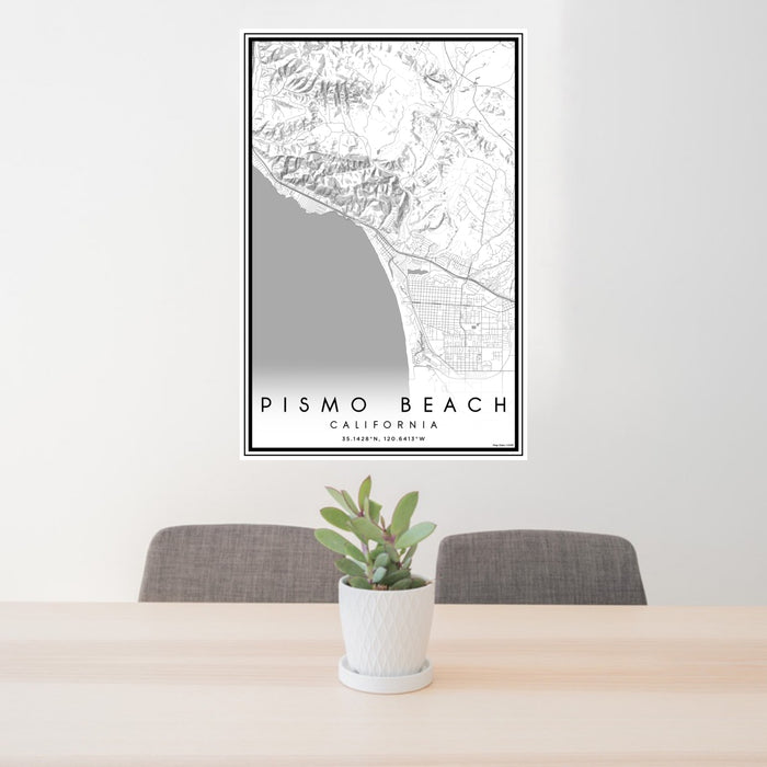 24x36 Pismo Beach California Map Print Portrait Orientation in Classic Style Behind 2 Chairs Table and Potted Plant
