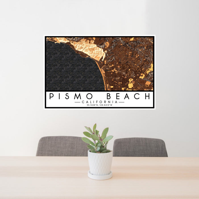 24x36 Pismo Beach California Map Print Lanscape Orientation in Ember Style Behind 2 Chairs Table and Potted Plant
